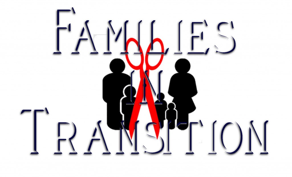 A white background with bold black text reading Navigating Family Transition Together, with a stylized image of a family or group of families in the background, symbolizing the concept of family transition