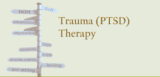 Healing Trauma, Overcoming PTSD, with a simple graphic element such as a leaf or wave in the foreground, symbolizing the concept of trauma therapy and PTSD.