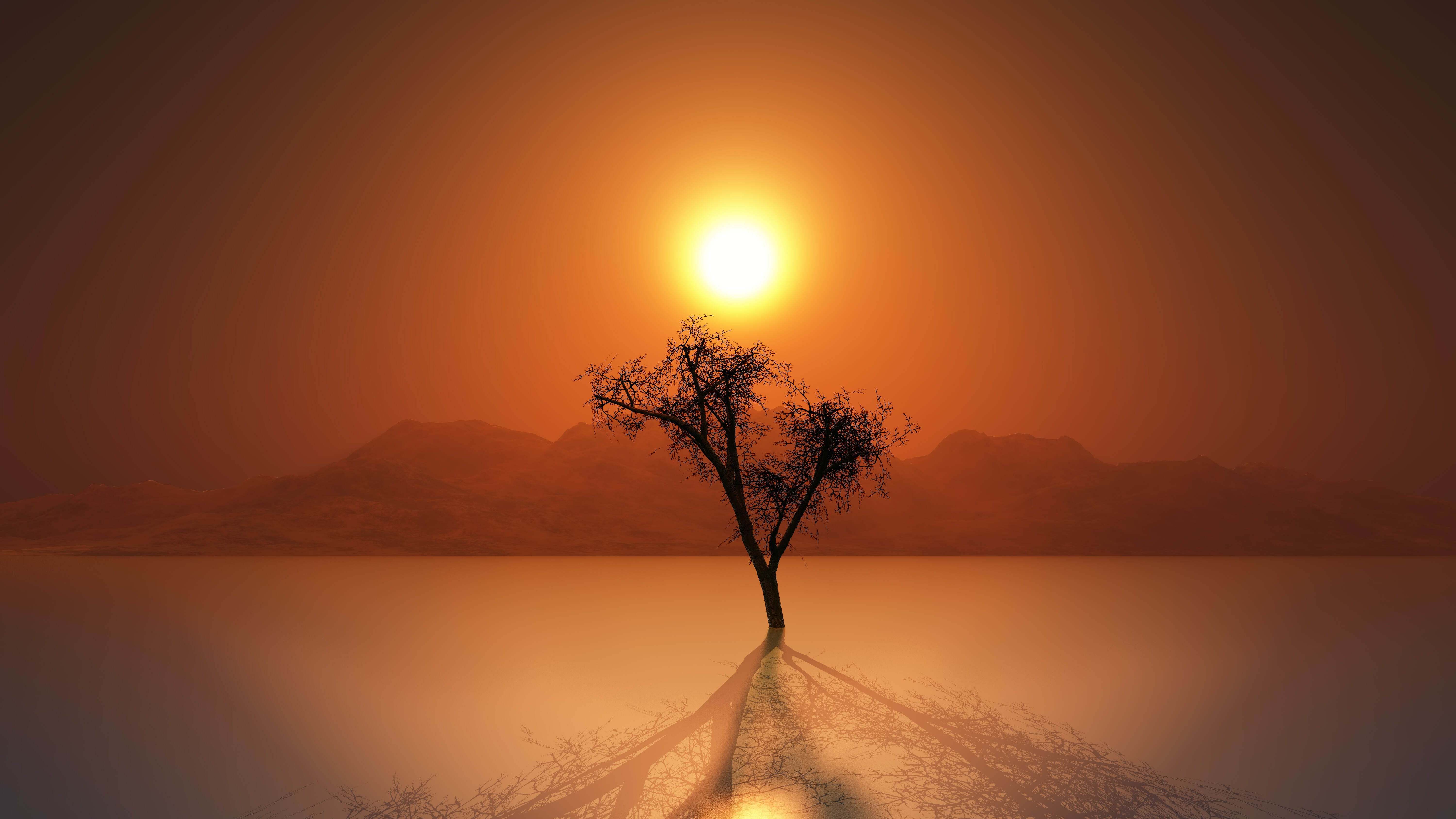 A tranquil lake scene, with a solitary tree reflected in the still waters, and a backdrop of rolling hills.